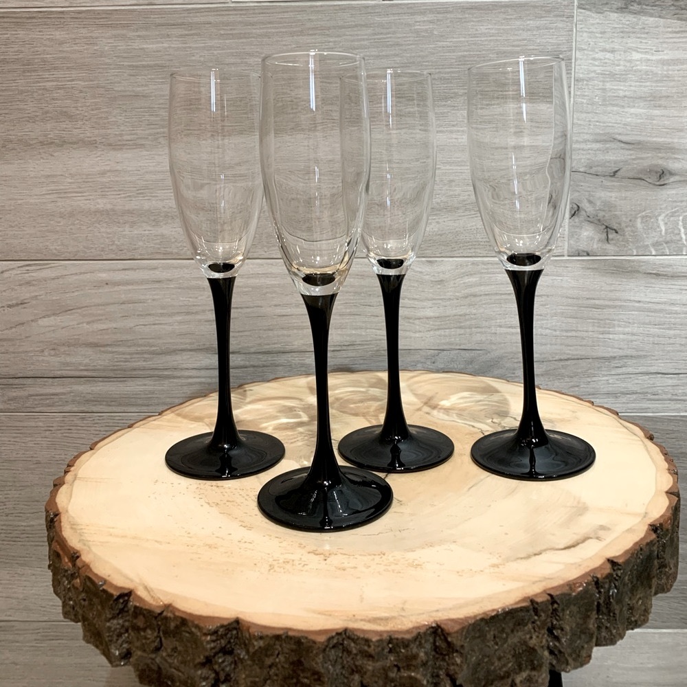 Set of 4 Luminarc VINTAGE Black Stem Champagne Glasses / Flutes made in France